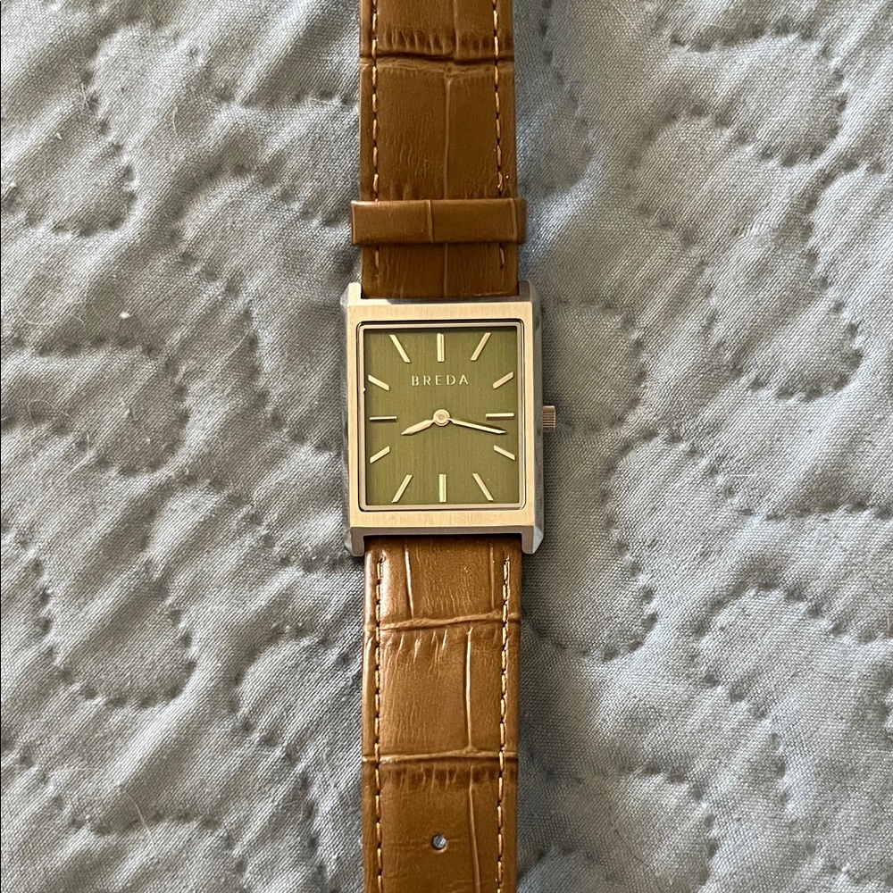 BREDA Men's Tan Leather Strap Watch with Olive Dial - Rectangular Case